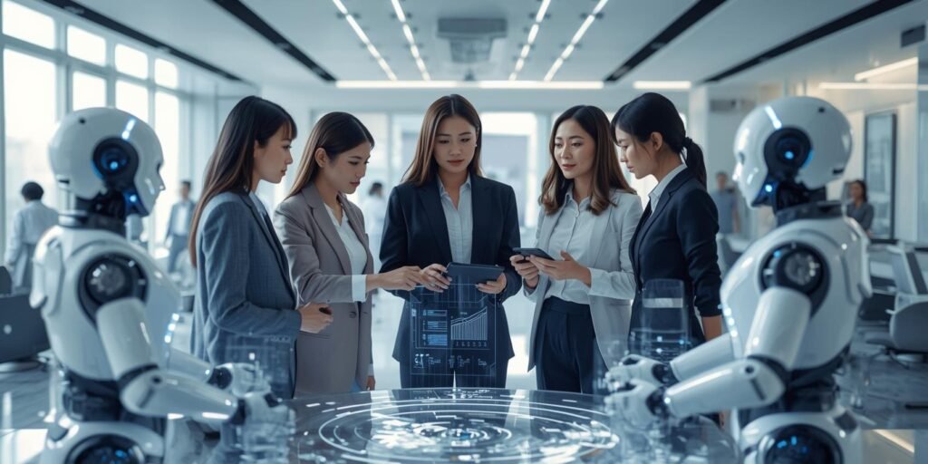 Professionals and robots working together in a futuristic AI-powered office representing top AI jobs in 2025 (1)