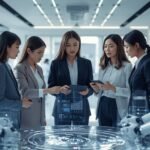 Professionals and robots working together in a futuristic AI-powered office representing top AI jobs in 2025 (1)