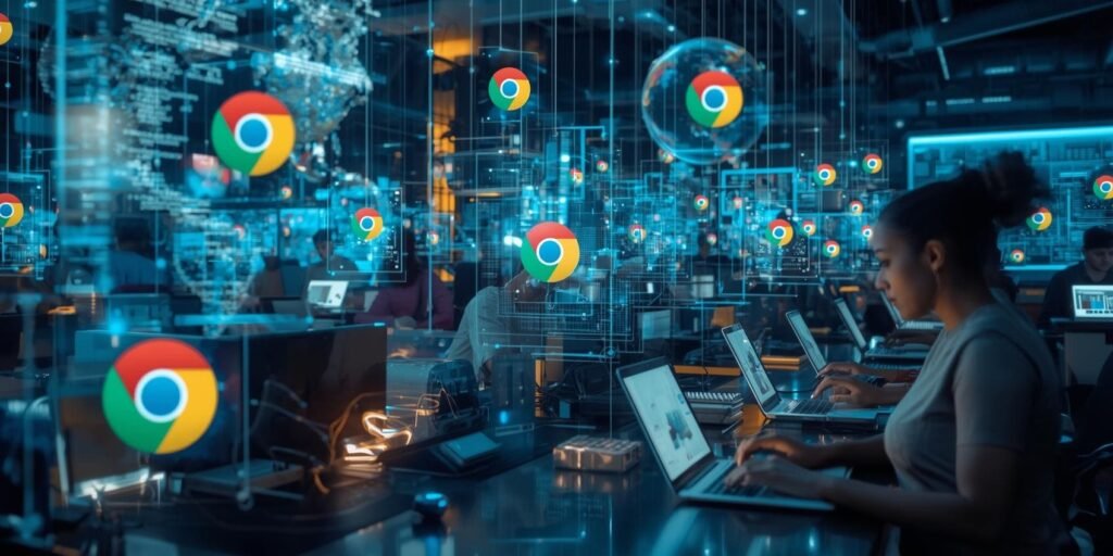 Futuristic digital workspace showing people using AI Chrome extensions for smarter work in 2025 to boost productivity and creativity