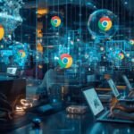 Futuristic digital workspace showing people using AI Chrome extensions for smarter work in 2025 to boost productivity and creativity